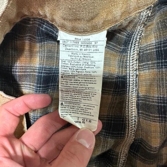 Vintage Carhartt Tan Blanket Flannel Lined Carpenter Pants Mens 42x30 Jeans - Picture 5 of 6